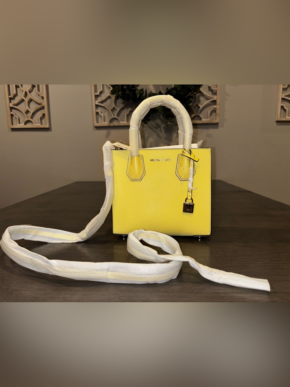 Michael Kors Yellow Saffiano Leather Satchel with Lock Charm